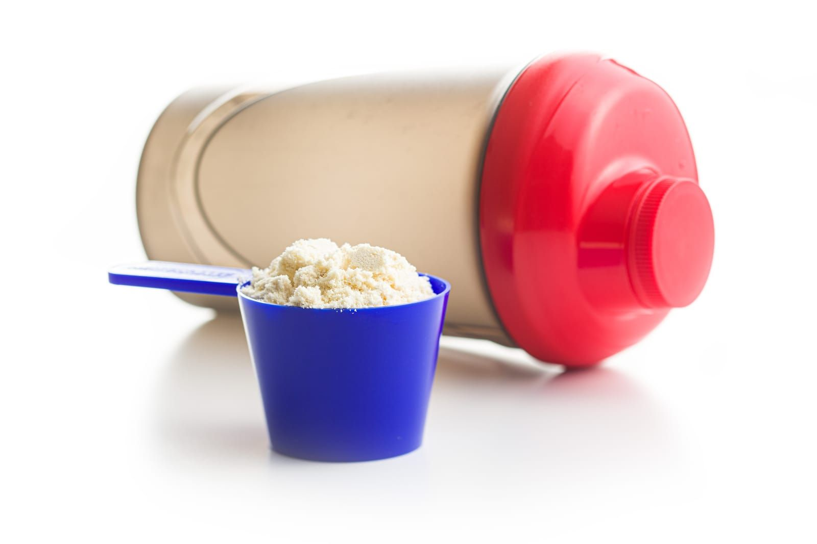 Whey protein powder in scoop and shaker isolated on white background.