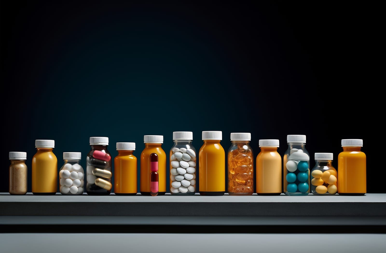 Row of glass bottles with varying tones of yellow liquid, sealed with corks
