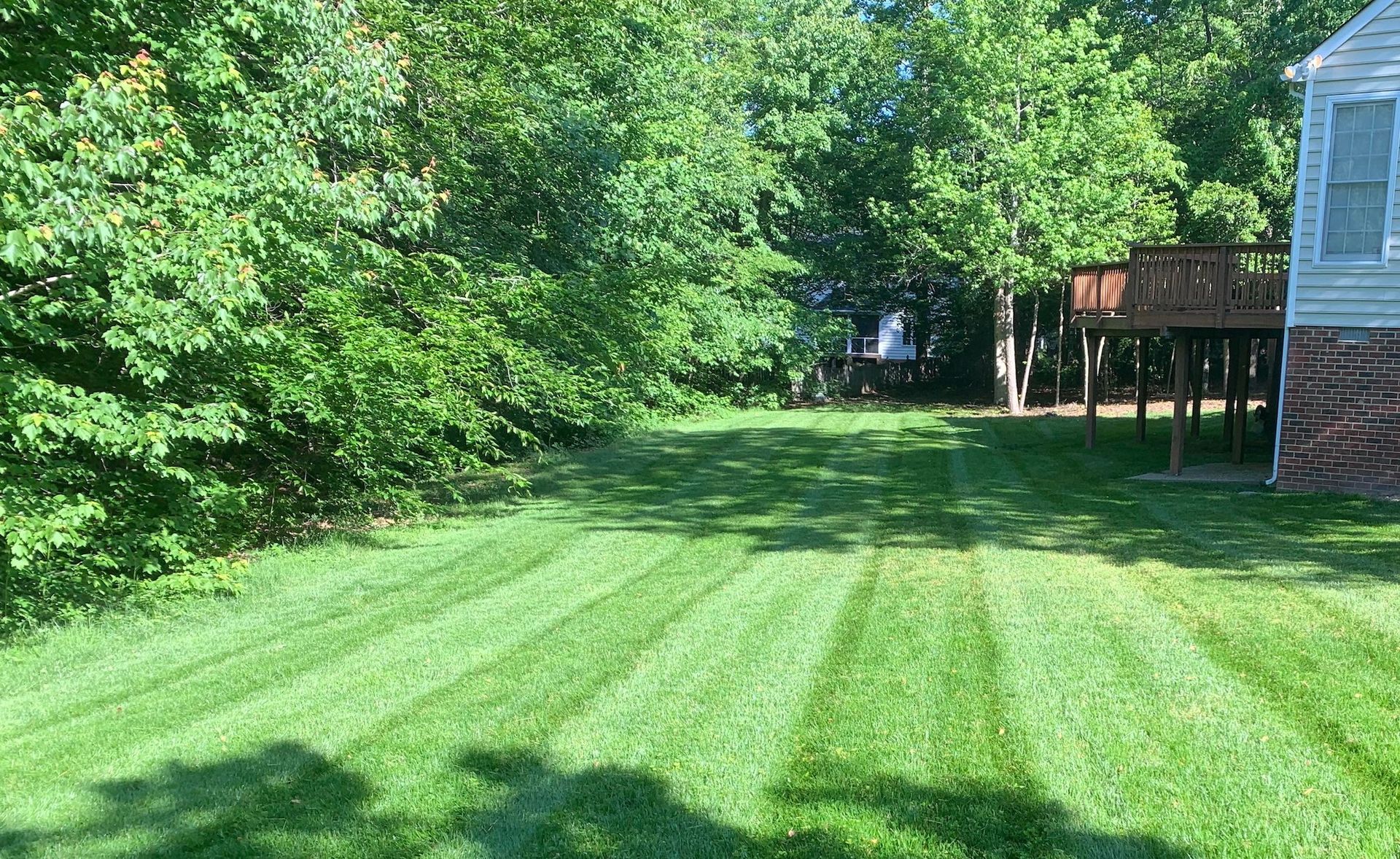 A lush green lawn in front of a house with trees in the background.