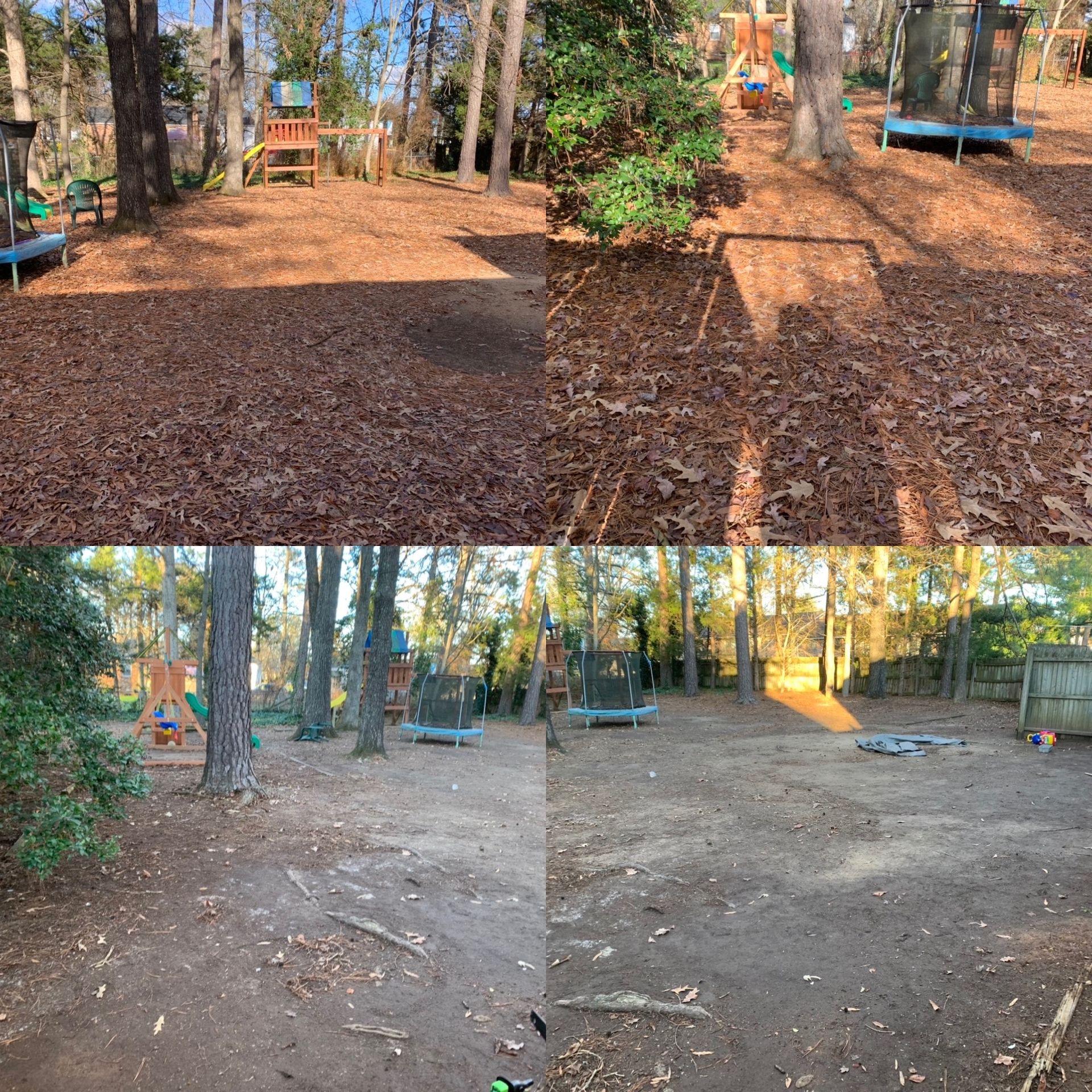 A before and after photo of a playground in the woods