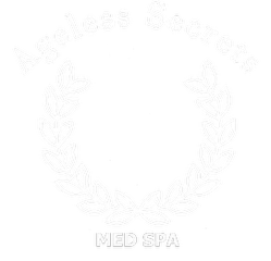 White Ageless Secrets Med Spa logo with a faint circular wreath design around the text.