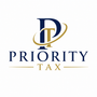 Priority Tax logo with blue and gold stylized PT monogram and text on a white background.