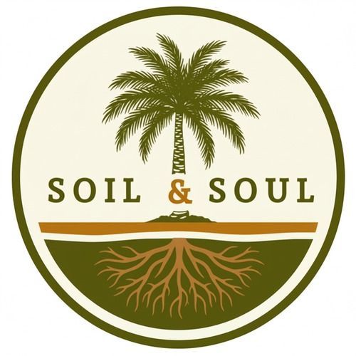 Circular logo with a palm tree, brown roots, and the words
