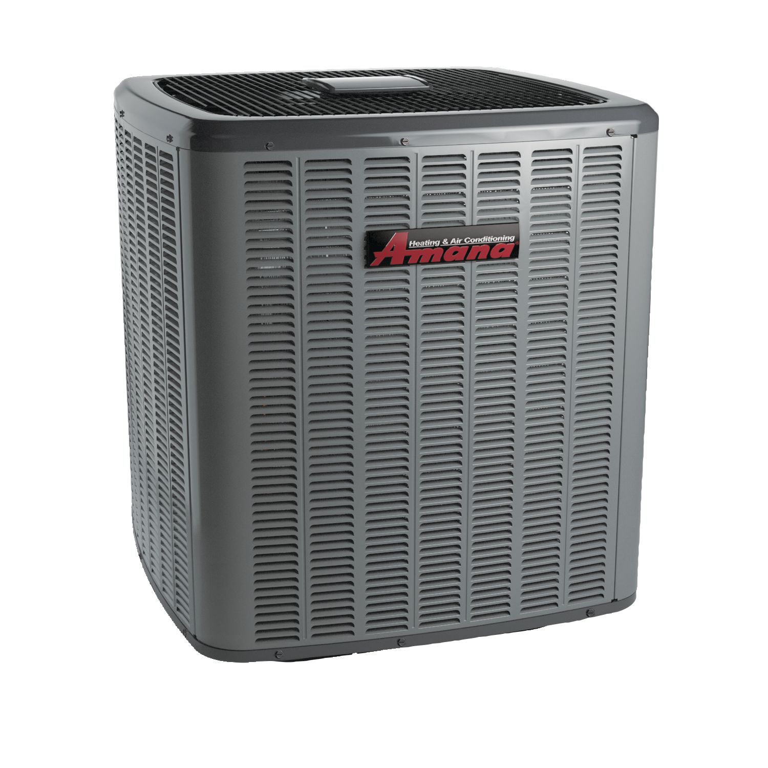 Gray Amana outdoor air conditioner unit with vented front grille