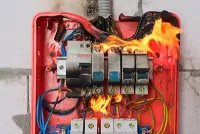Burning electrical panel, red box with flames engulfing circuit breakers and wires.