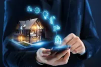 Person using a smartphone to control a glowing smart home with connected devices displayed.
