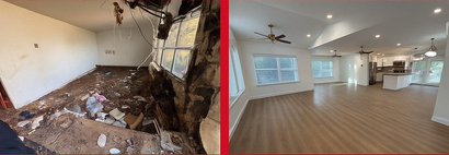 Room undergoing renovation with exposed wall, bright sunlight, and wooden floor.