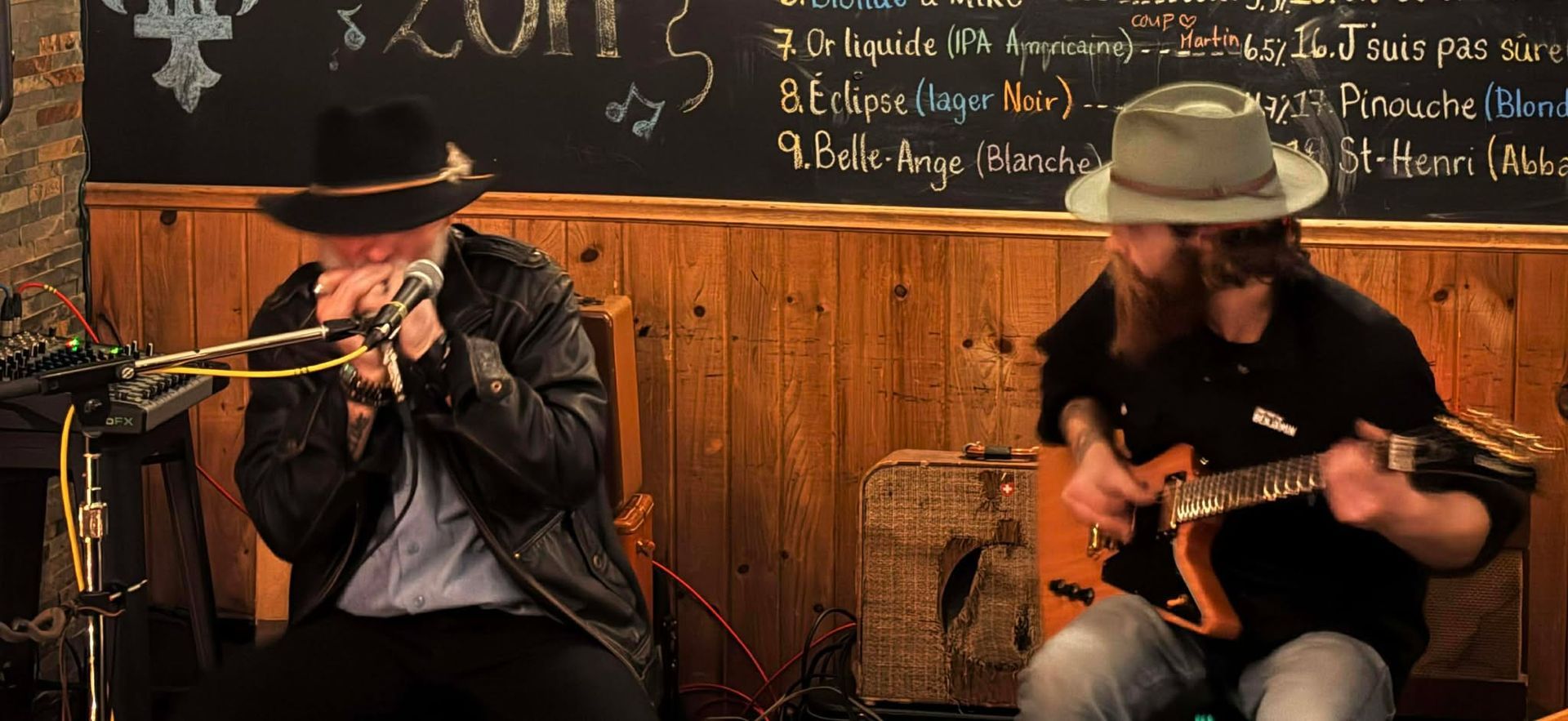 Two musicians sitting , one playing a guitar and another playing the harmonica