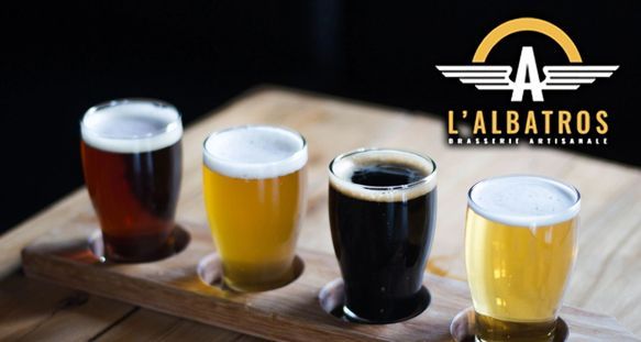 L'Albatros logo with 4 glasses of varying types of beer