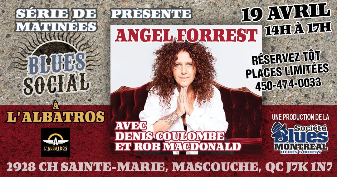 Ad announcing a Blues Social show with Angel Forrest sitting on a red velvet sofa.