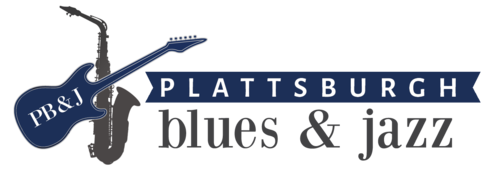 Logo du Plattsburgh Blues & Jazz avec un design de guitar et saxophone