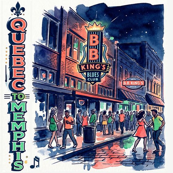 Illustrated nighttime street scene outside B.B. King’s Blues Club in Memphis, with bright neon signs, a lively crowd on a wet reflective street, and vertical text reading ‘Quebec to Memphis’ with a fleur‑de‑lis and musical note.