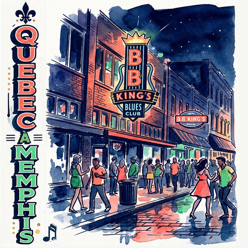Illustration d’une scène de rue nocturne devant le B.B. King’s Blues Club à Memphis, avec des enseignes au néon lumineuses, une foule animée sur une rue mouillée et du texte vertical “Québec à Memphis” accompagné d’une fleur‑de‑lis et d’une note de musique.