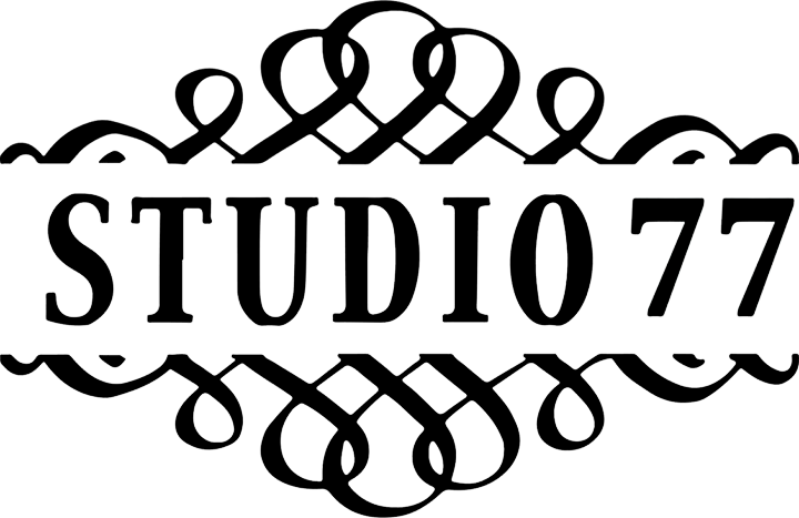 A black and white logo of Studio 77
