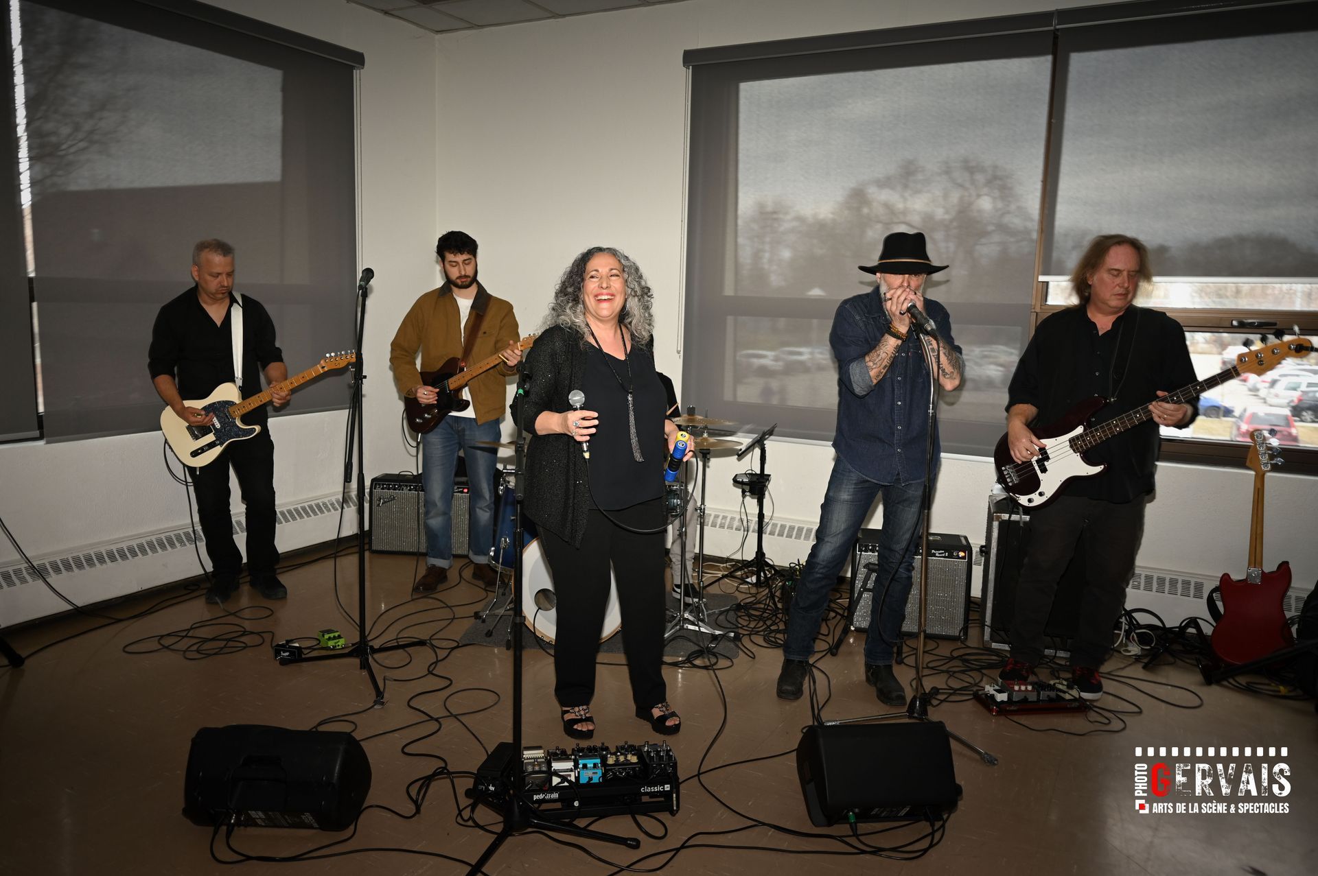 2 guitar players, 1 base player, a harmonica player and a female singer