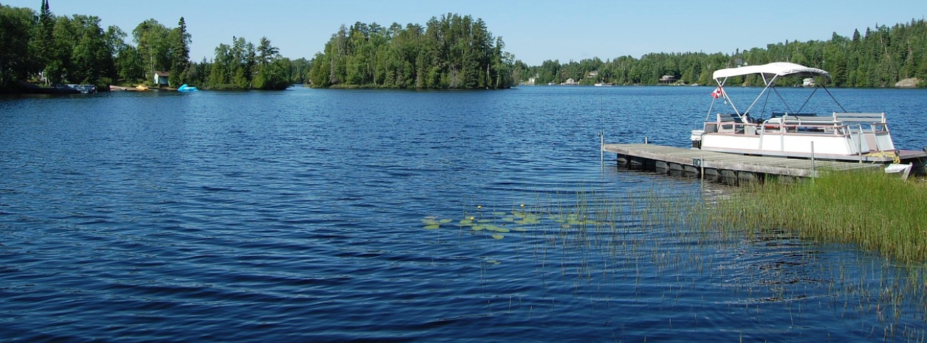 Lakefront dock and pontoon boat beside shallow shoreline vegetation on a calm freshwater lake