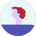 A circular icon depicting a person with red hair in profile view, wearing a dark blue shirt against a light blue background.
