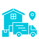 A blue icon of a house and a delivery truck.