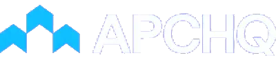 Logo géométrique bleu à côté du mot « APCHQ » en caractères gris clair sur fond blanc