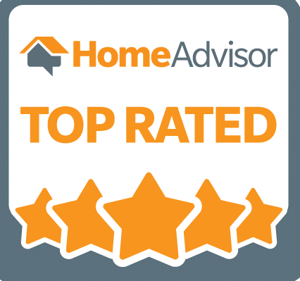 A badge that says home advisor top rated with five stars