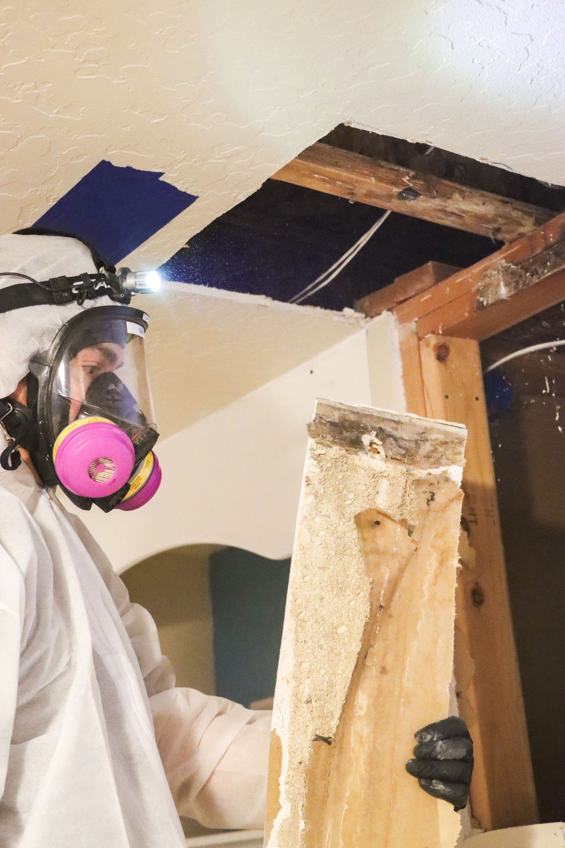A man wearing a gas mask is holding a piece of wood.