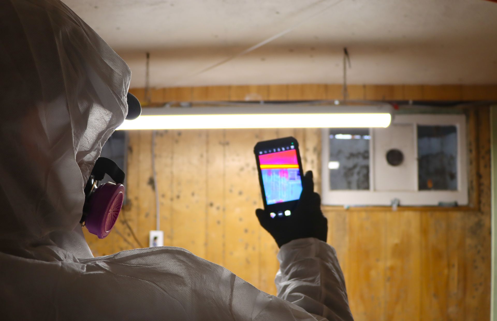 A person in a protective suit is taking a picture of a ceiling with a cell phone.
