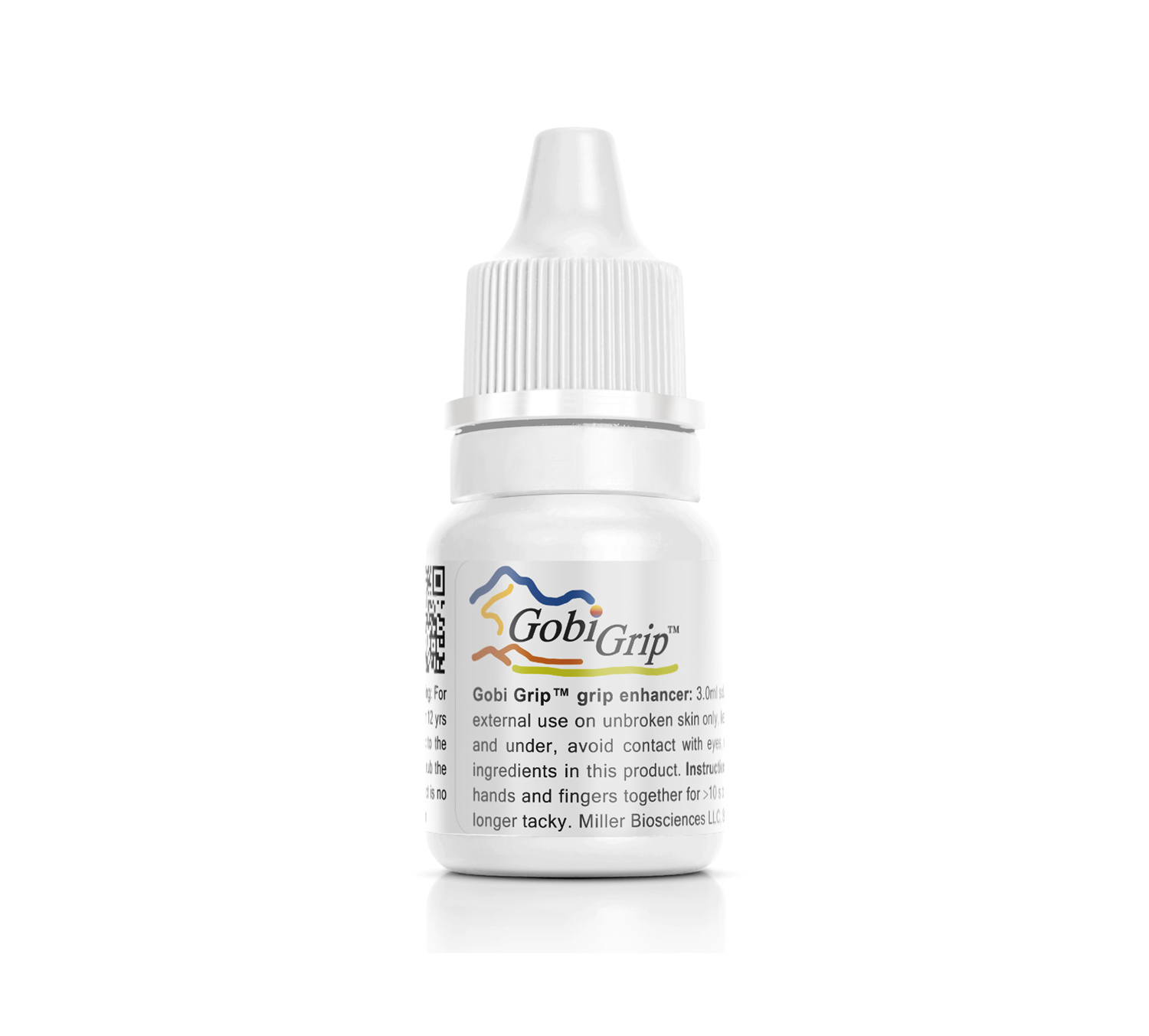 White GobiGrip dropper bottle with colorful label on a plain background