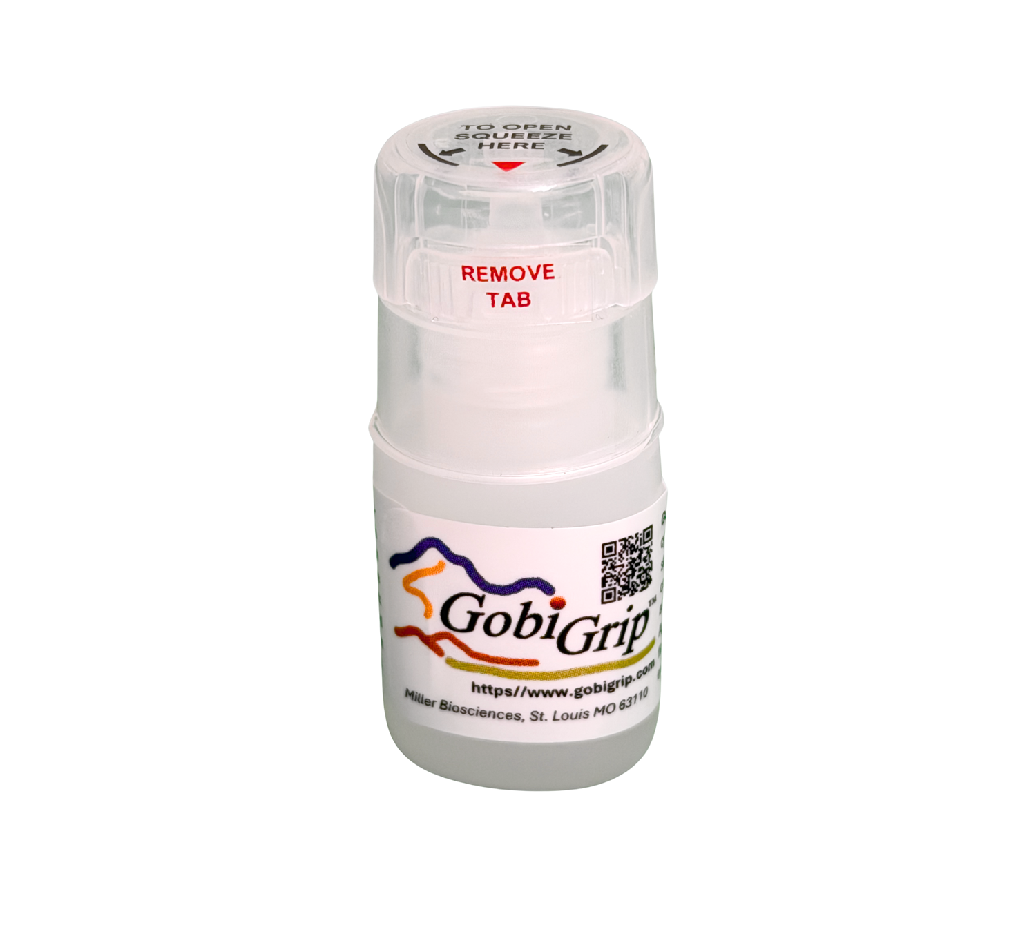 White GobiGrip bottle with removable top tab on a plain background