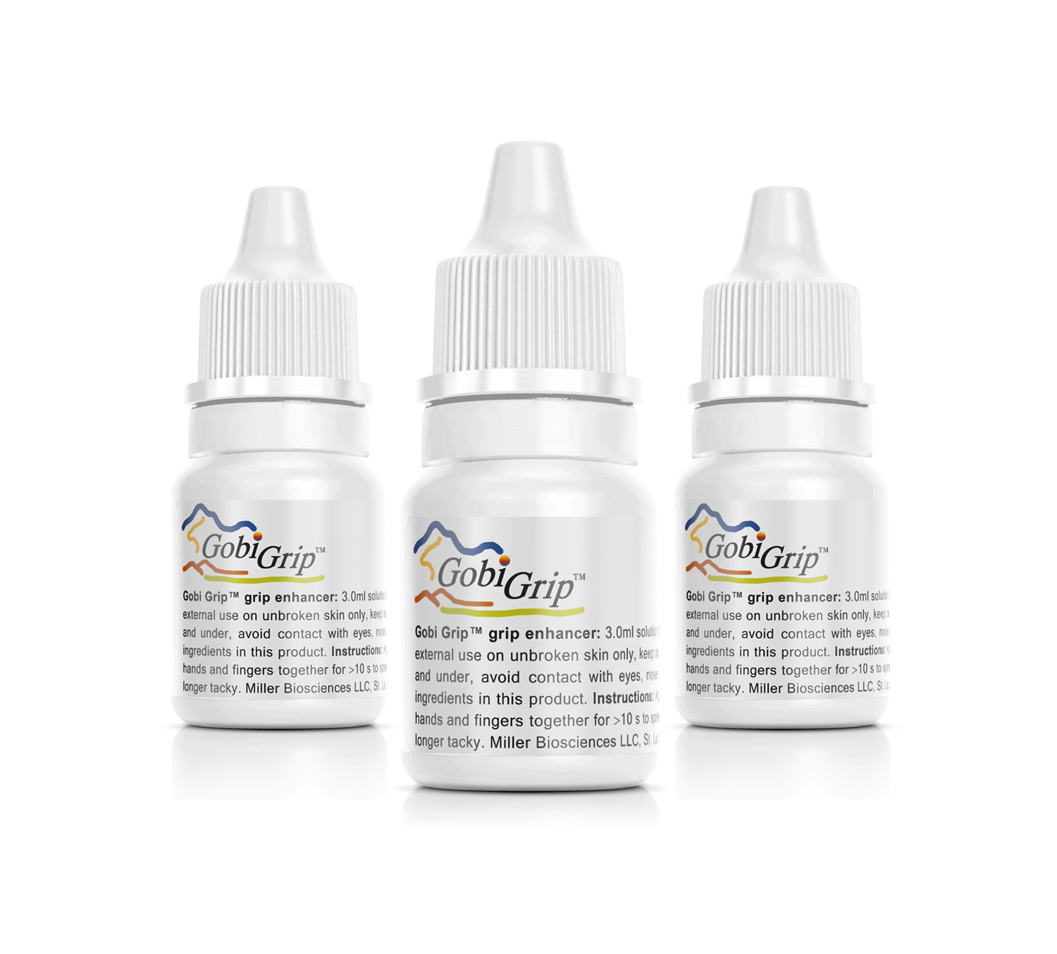 Three small white dropper bottles with colorful labels on a white background