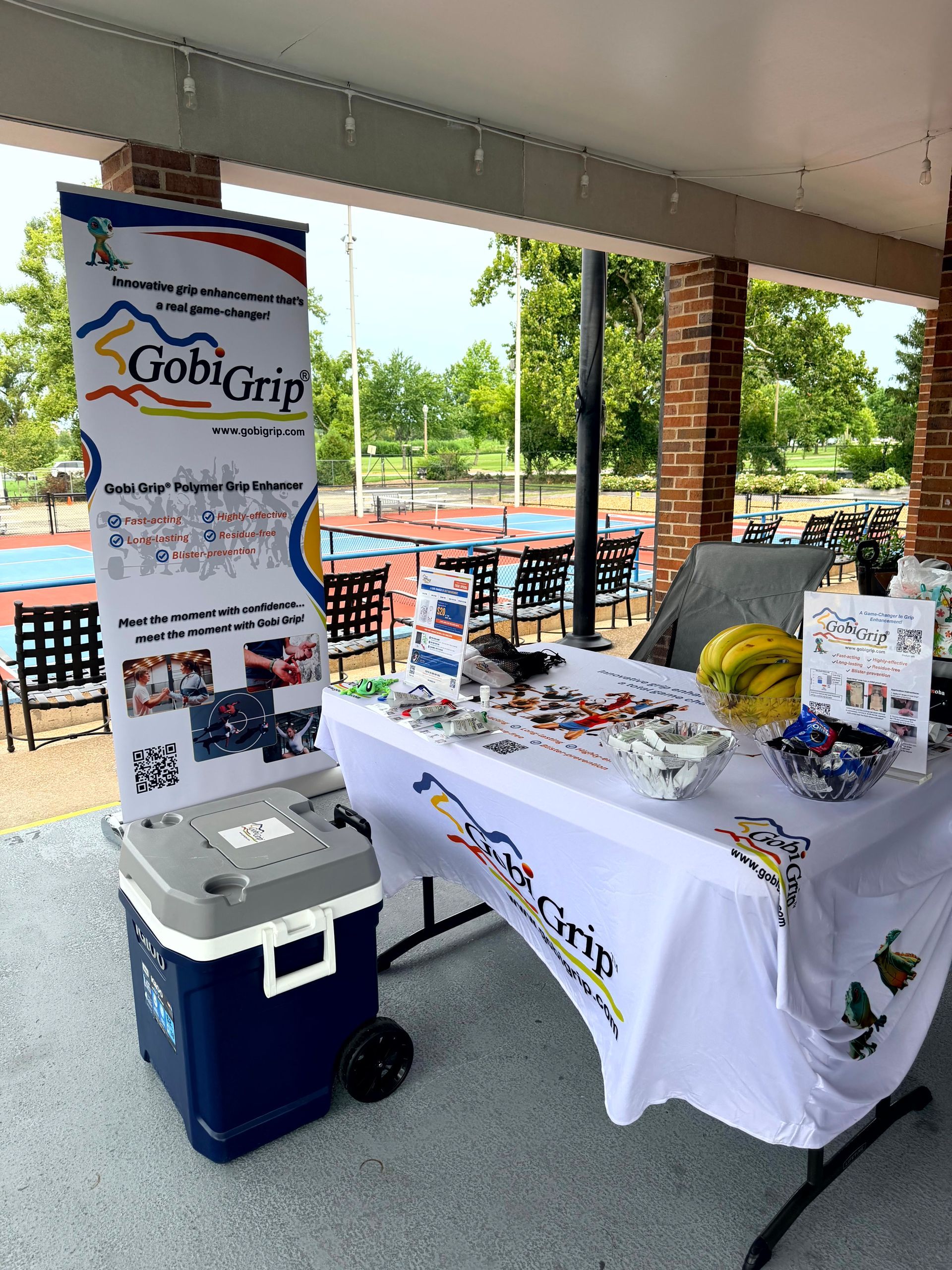 Gobi Grip booth at the USTA Missouri Valley Level 4 Open tournament at Dwight Davis Tennis Center in