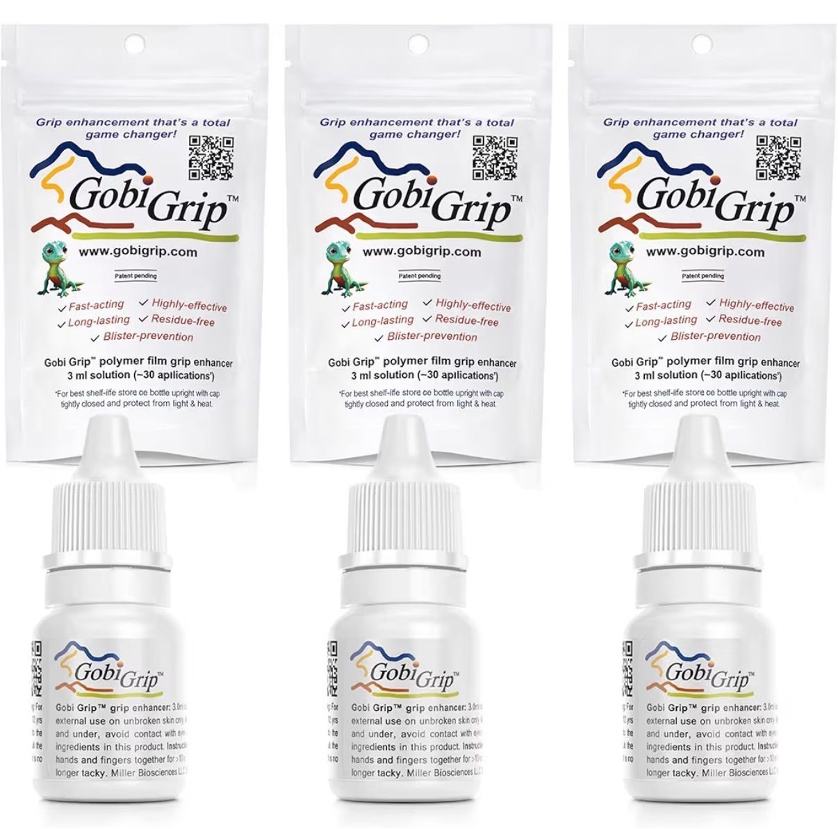 Three GobiGrip dropper bottles with matching white labels and packaging boxes on a white background