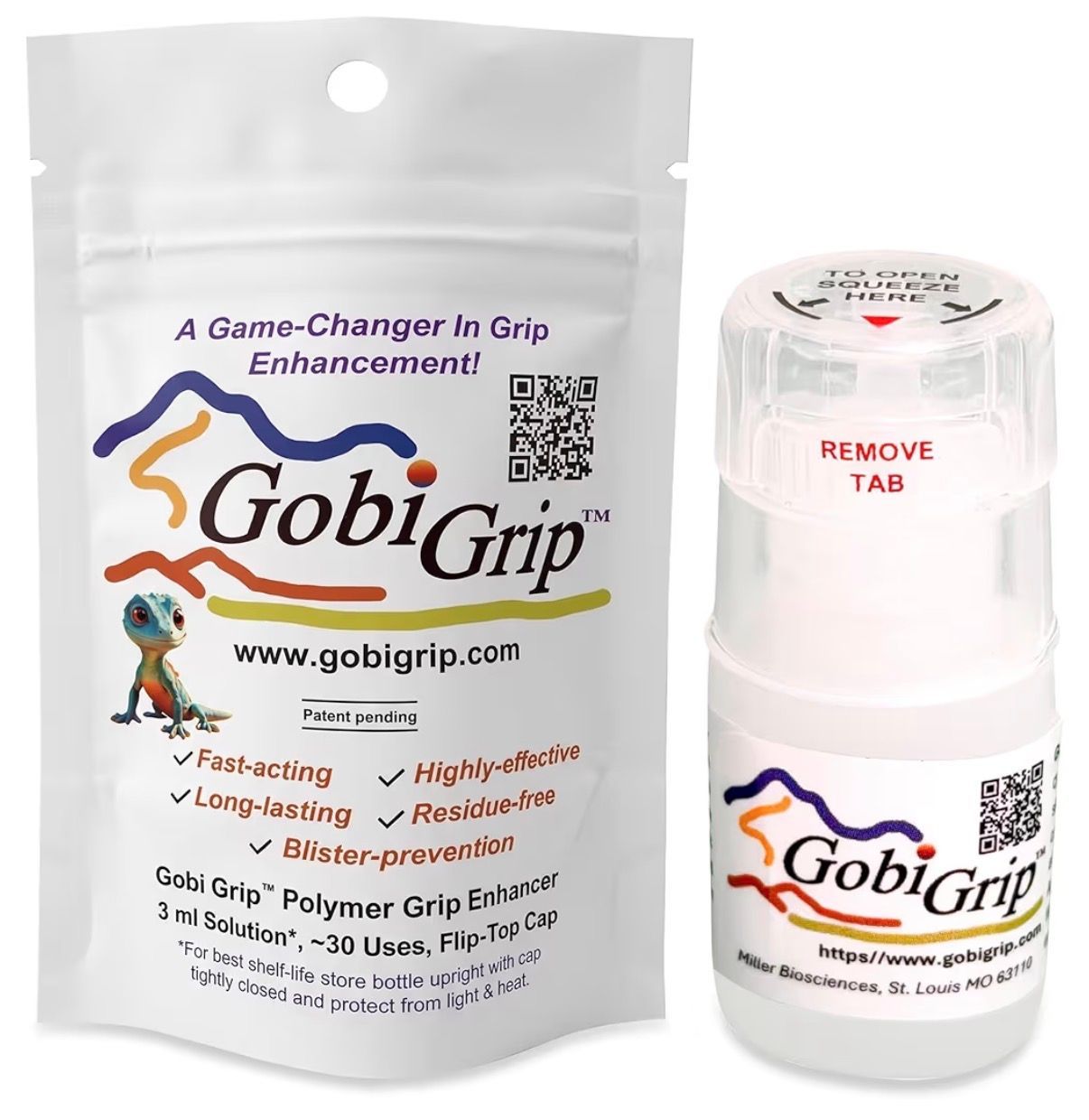 GobiGrip grip enhancer packaging and bottle, white with multicolor logo and “remove tab” cap label