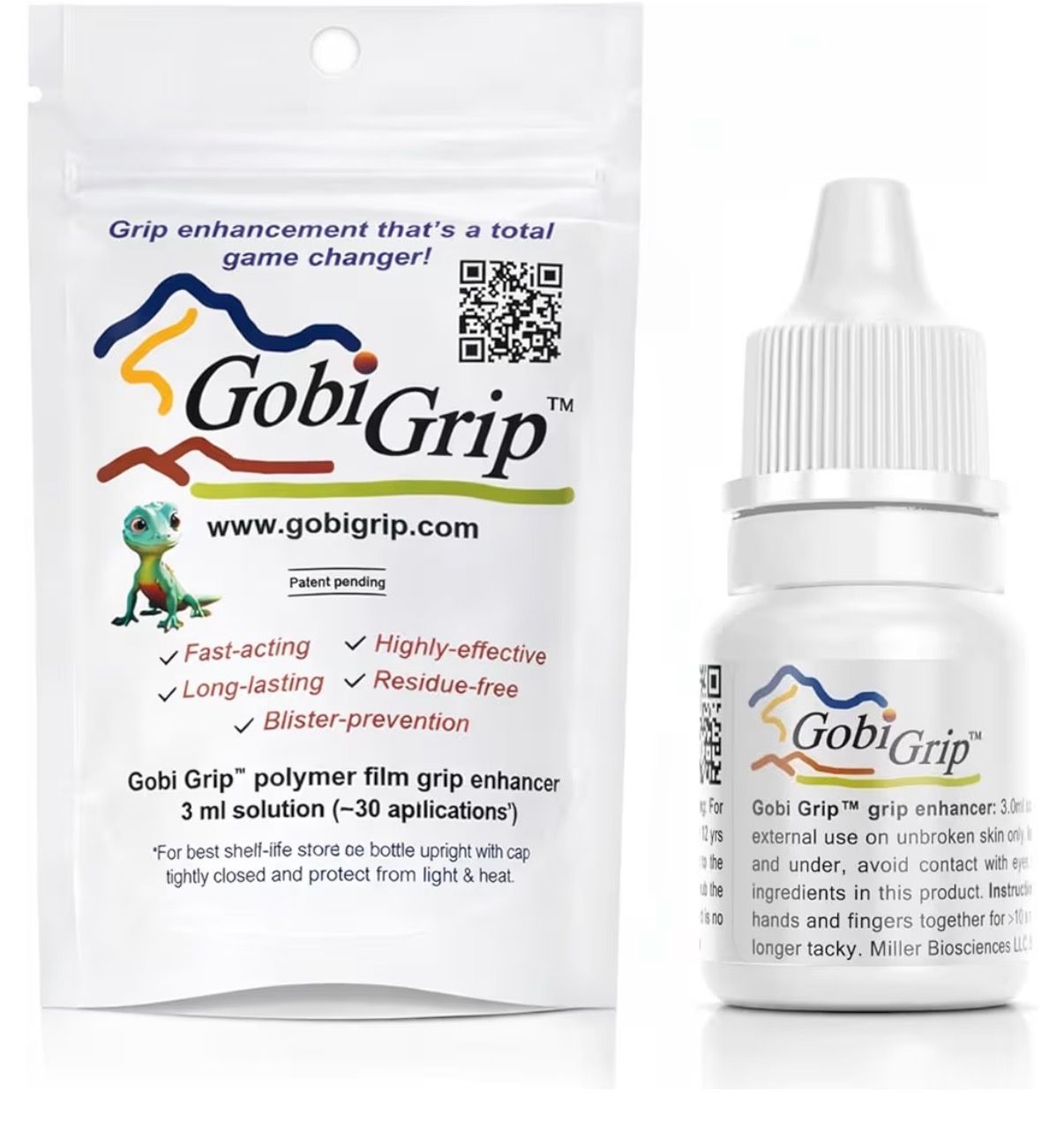 GobiGrip adhesive product pouch and dropper bottle with white packaging and colorful logo