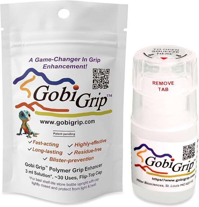 GobiGrip grip enhancer package and bottle in white packaging with colorful logo and QR code