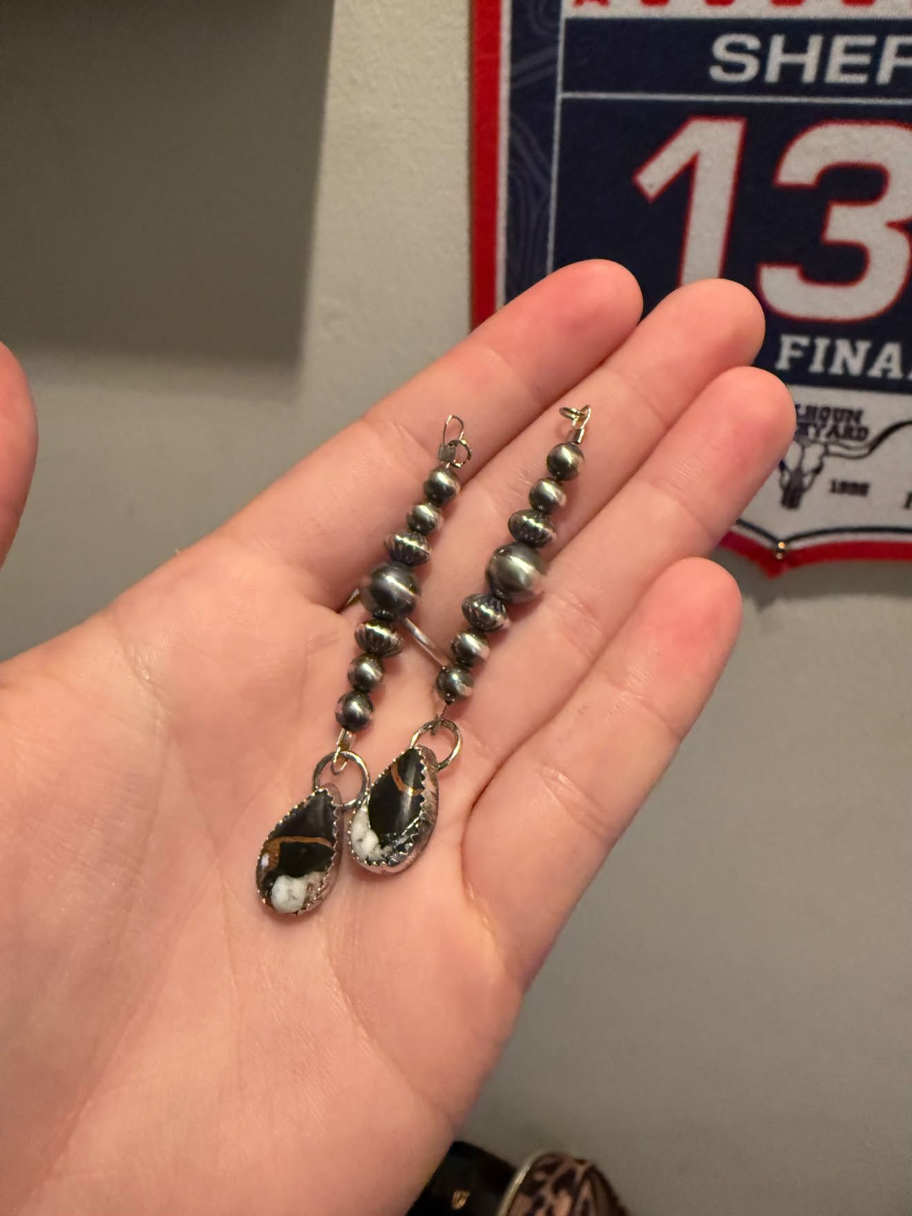 Sterling Silver Machine Made Pearls with White Buffalo Stones Earrings and Lariat SET