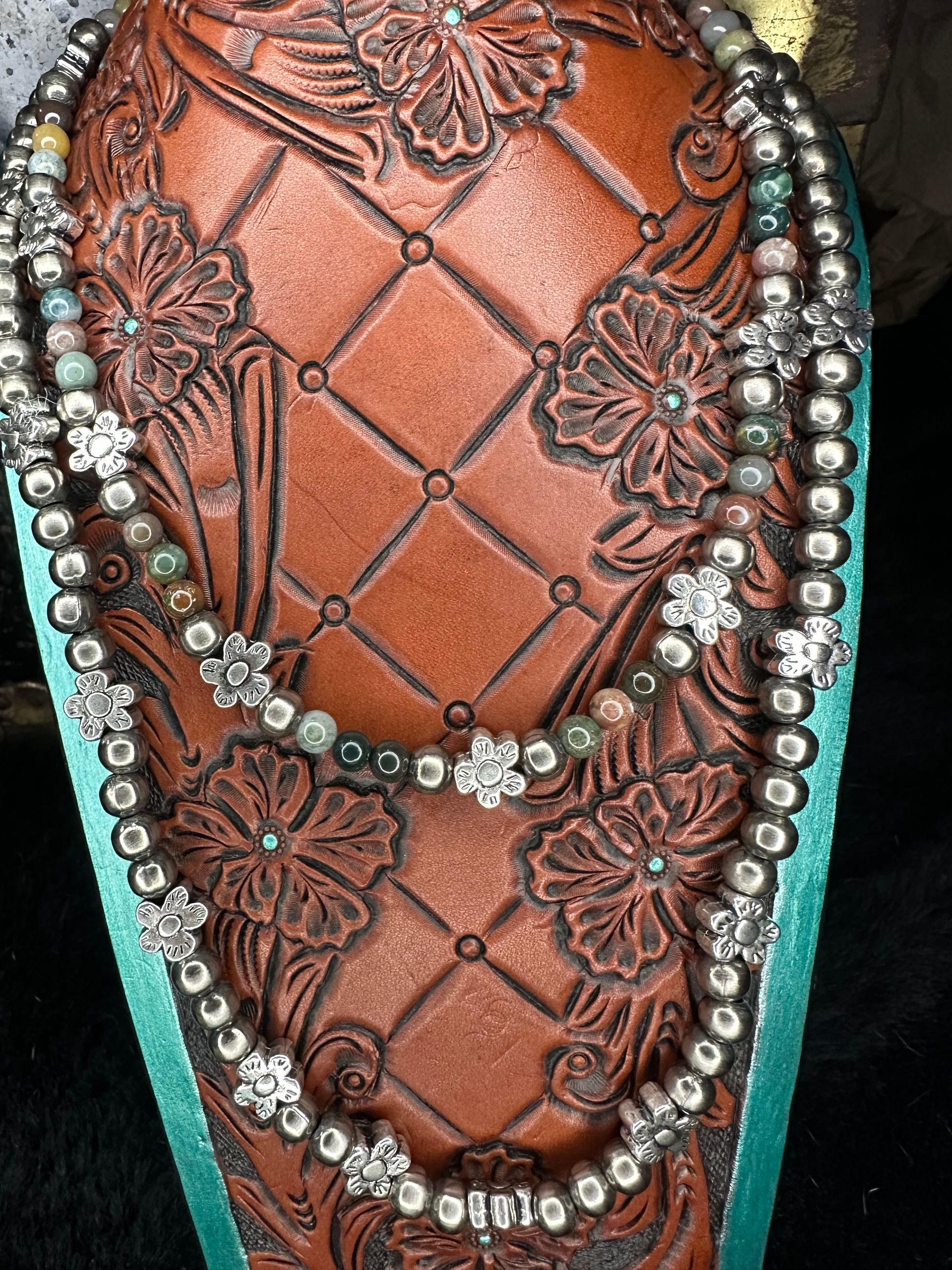 Natural Agate and German Silver Beaded Necklace and Bracelet SET