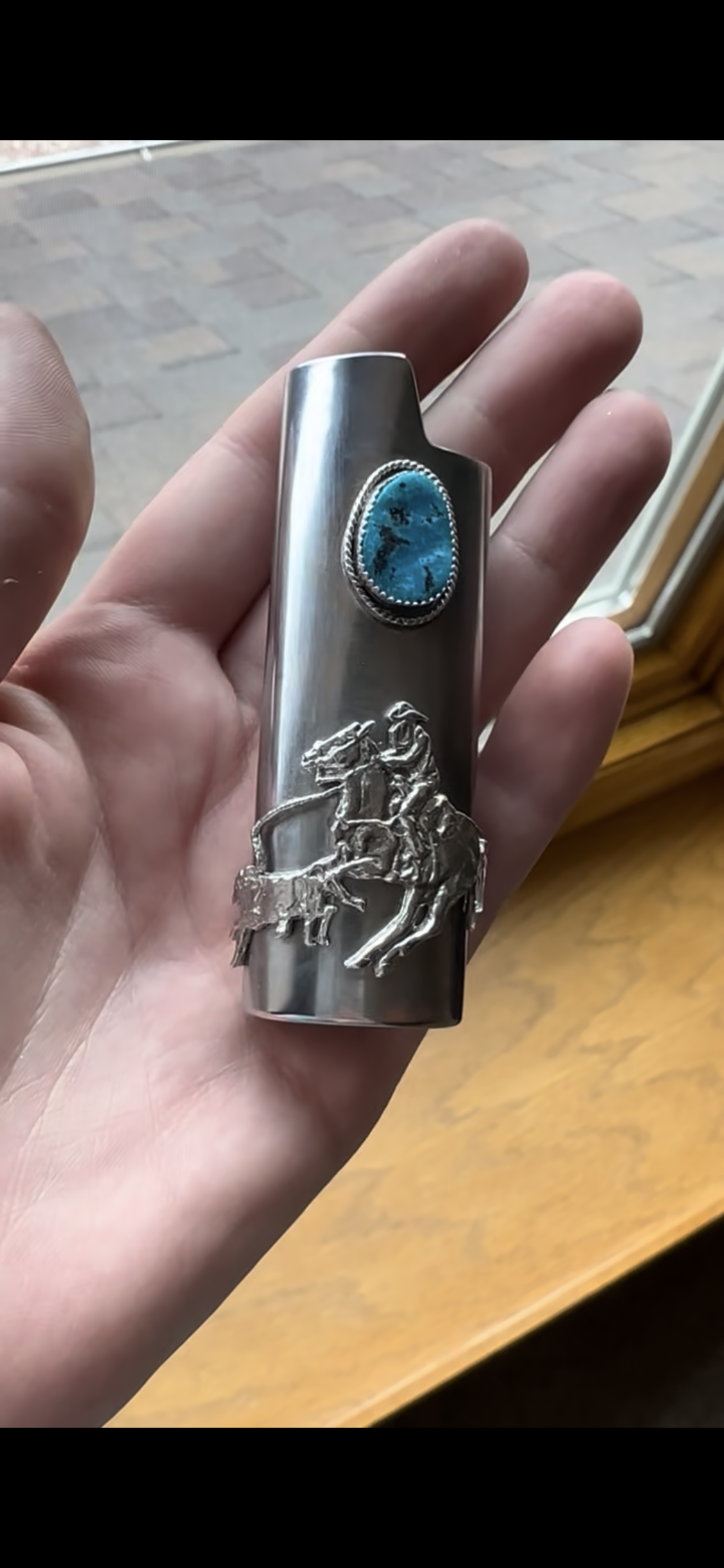 Sterling Silver Cowboy Lighter with Old Stock Kingman Turquoise on Stainless Steel Lighter Cover