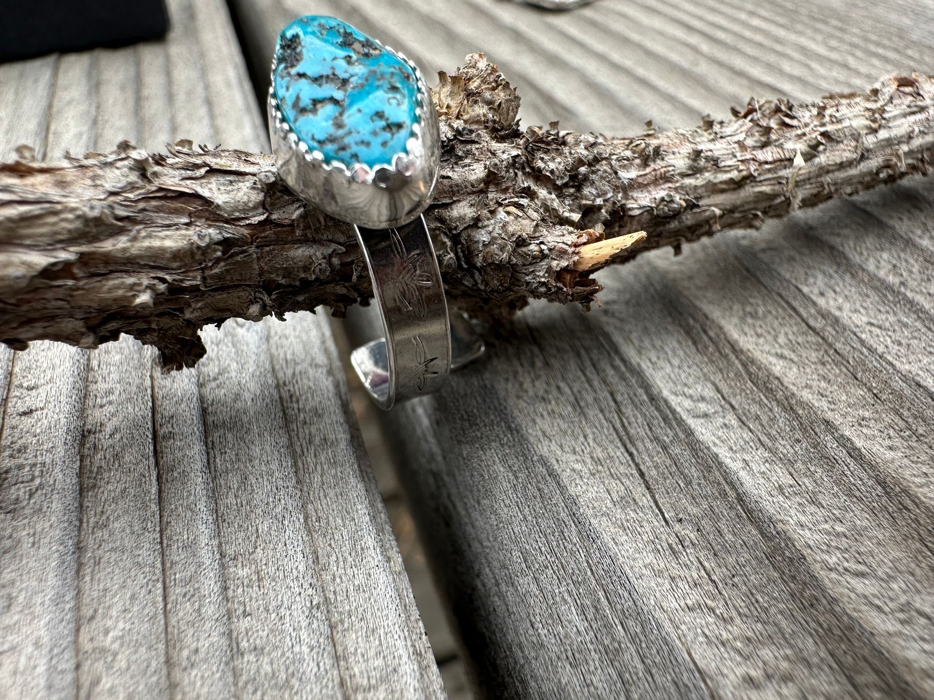 Old Stock Kingman Turquoise Sterling Silver Barb Wire Stamped Adjustable Ring