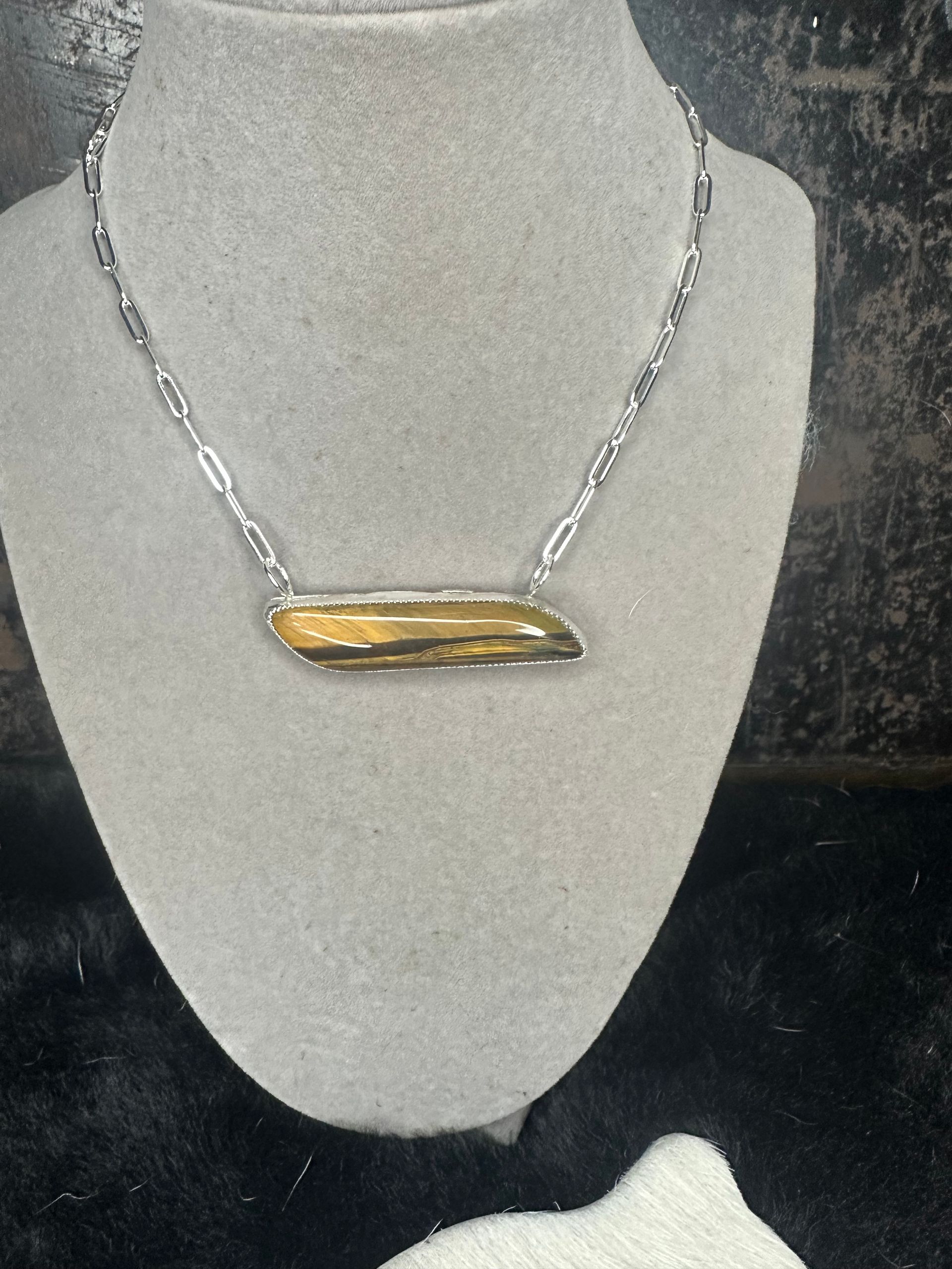 Tigers Eye Bar Necklace with Sterling Silver and Brass