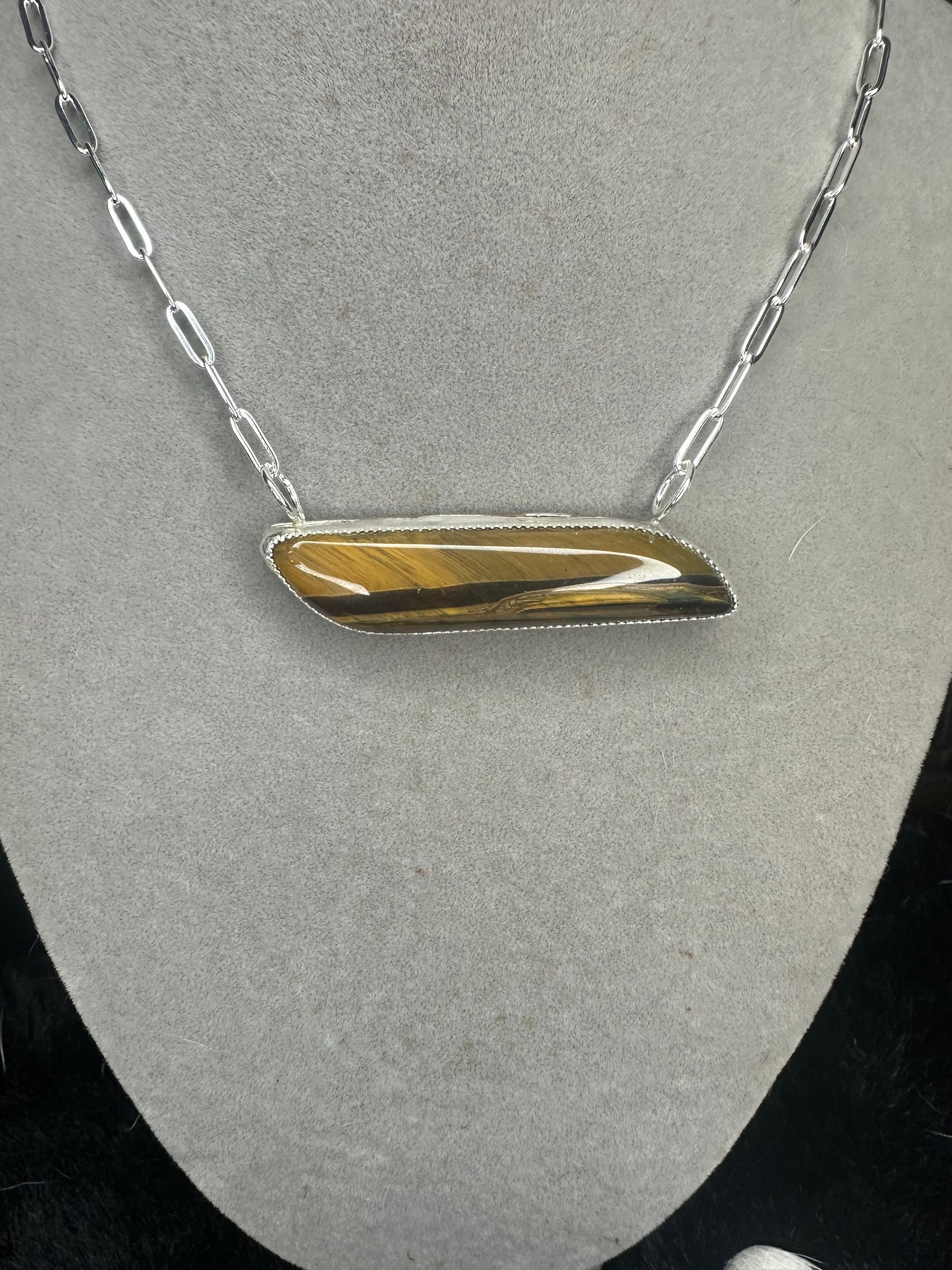 Tigers Eye Bar Necklace with Sterling Silver and Brass