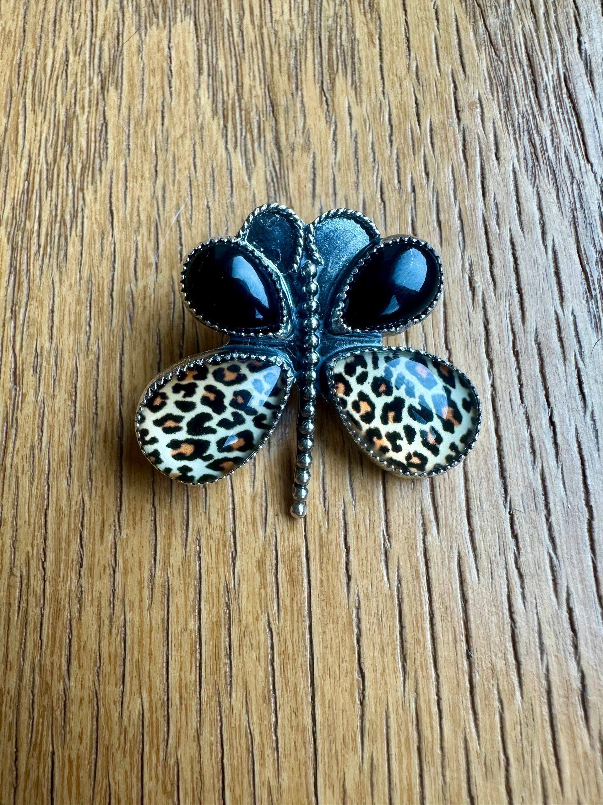 Sterling Silver Black Onyx and Cheetah Print Butterly Pendant