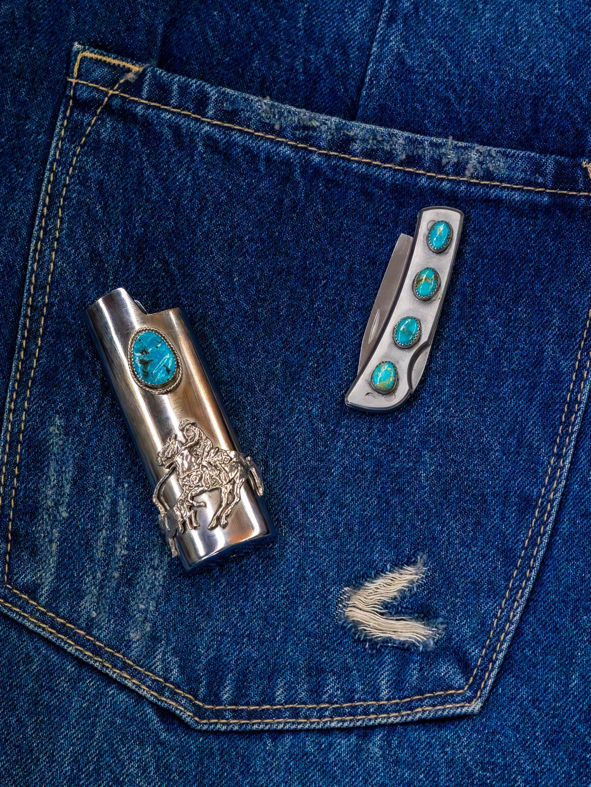 Sterling Silver Cowboy Lighter with Old Stock Kingman Turquoise on Stainless Steel Lighter Cover