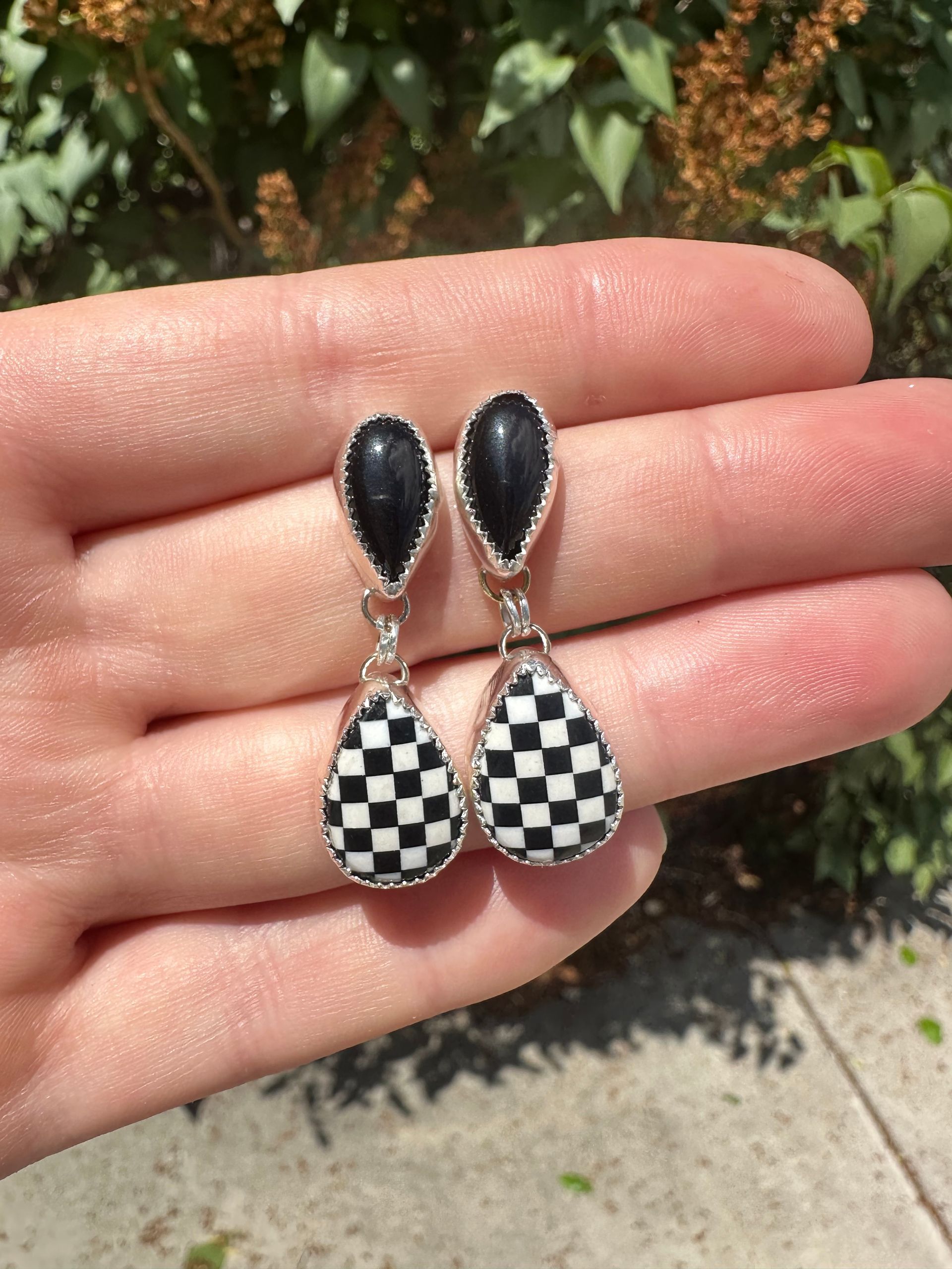 Sterling Silver Black Onyx and Checker Earrings