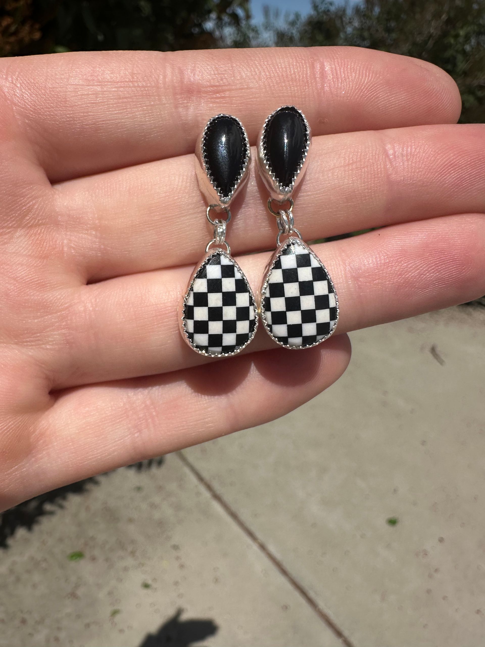 Sterling Silver Black Onyx and Checker Earrings