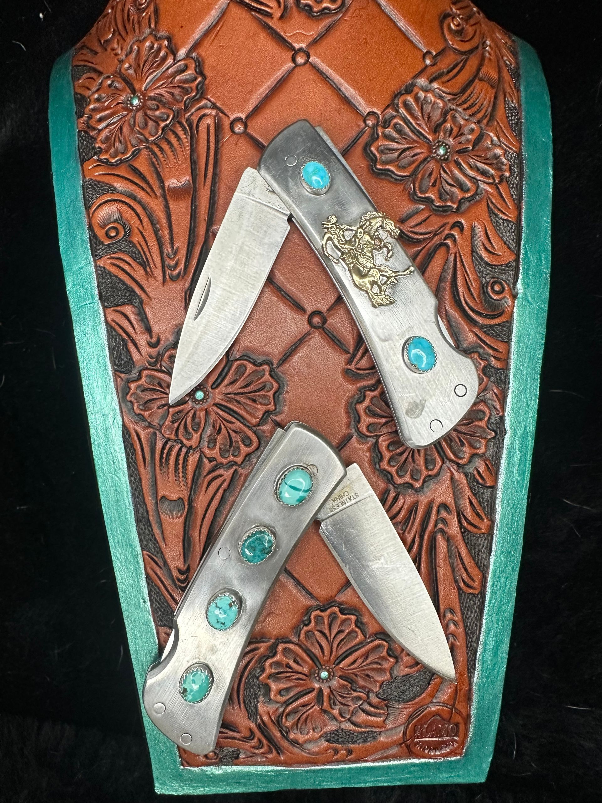 Stainless Steel Pocket Knife with Tibetan Turquoise Set in Fine Silver