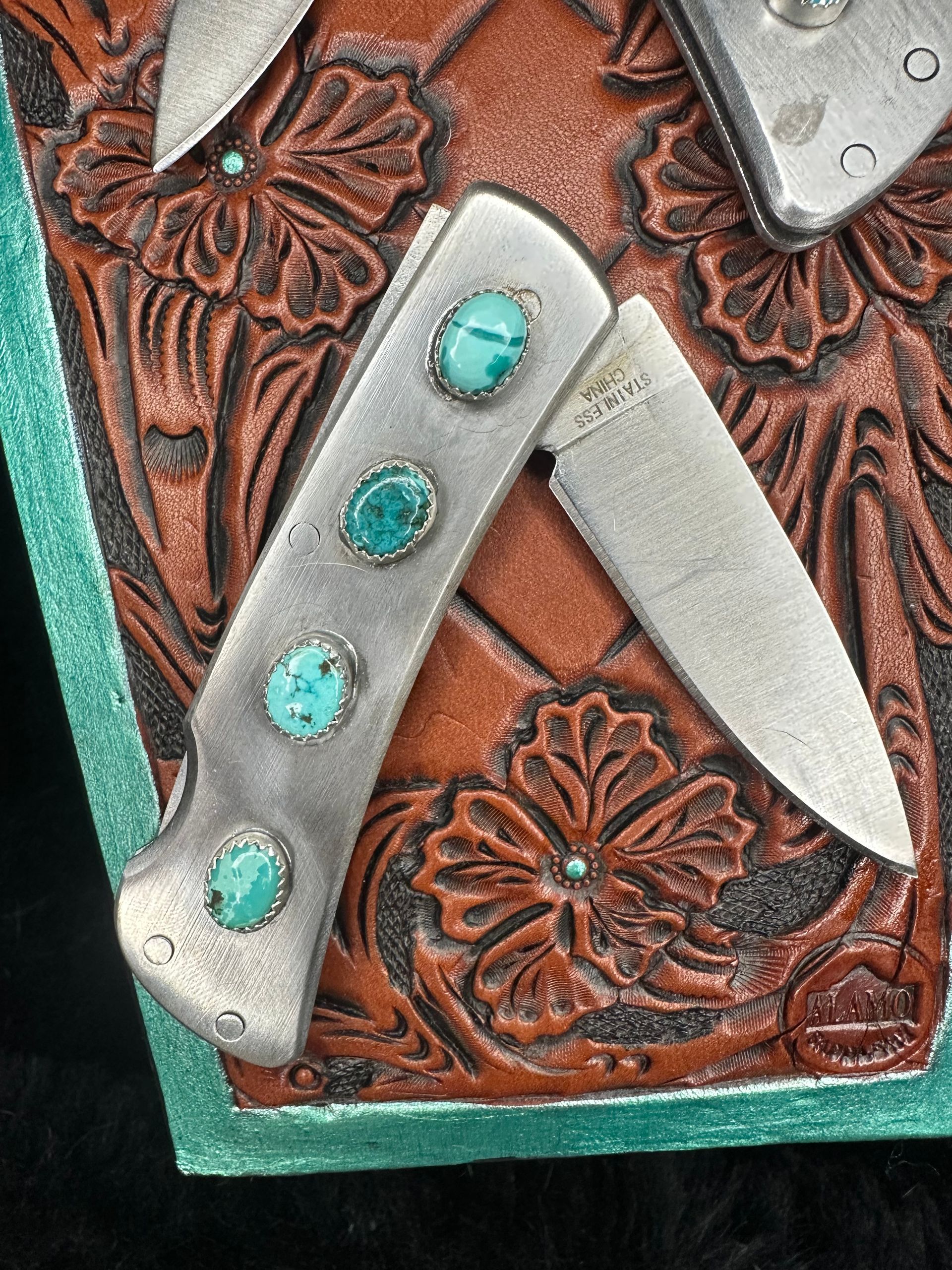 Stainless Steel Pocket Knife with Tibetan Turquoise Set in Fine Silver