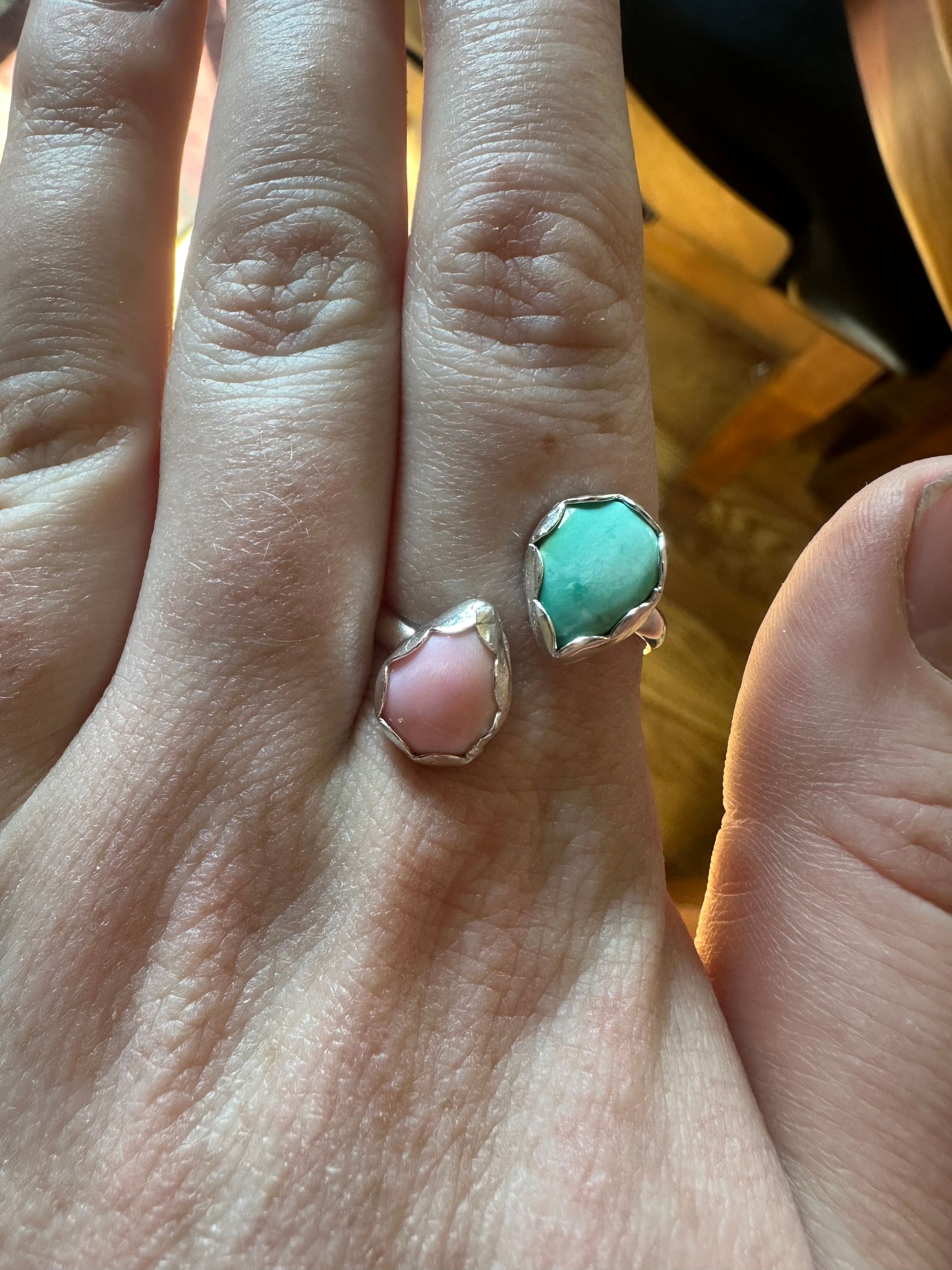 Sterling Silver Wrap Ring- Sierra Bell Turquoise and Pink Conch