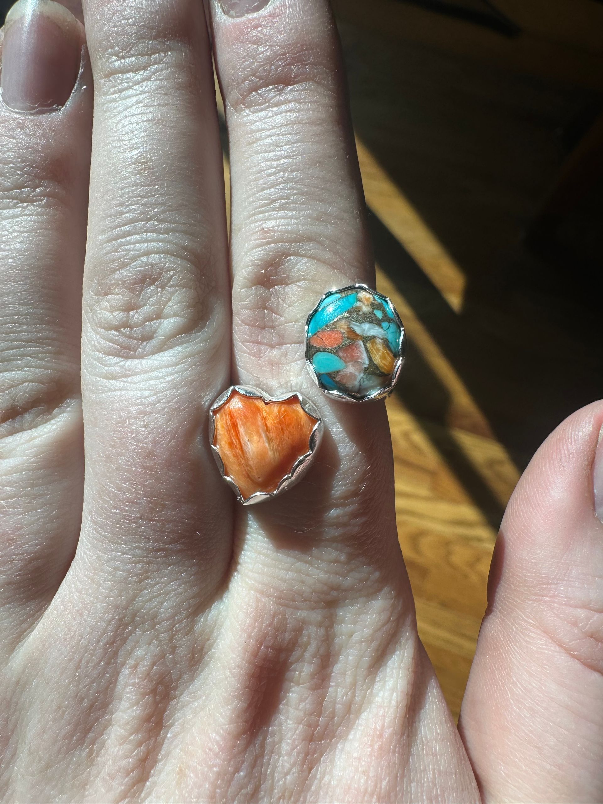 Sterling Silver Wrap Ring- Kingman composite Turquoise and Spiny Oyster
