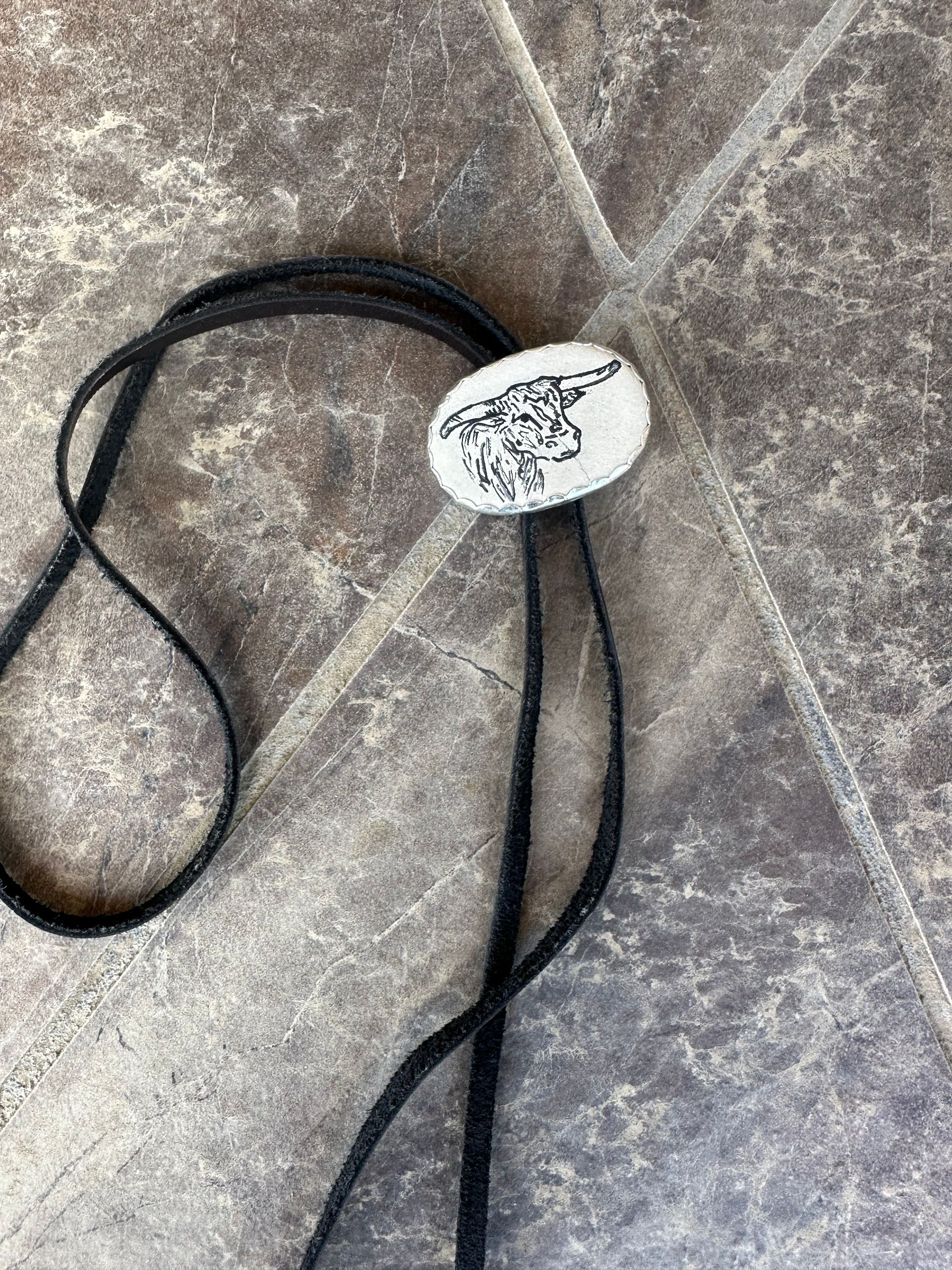 Hand Drawn Bull Head Bolo Tie Sterling Silver and Brass Genuine Leather Tie