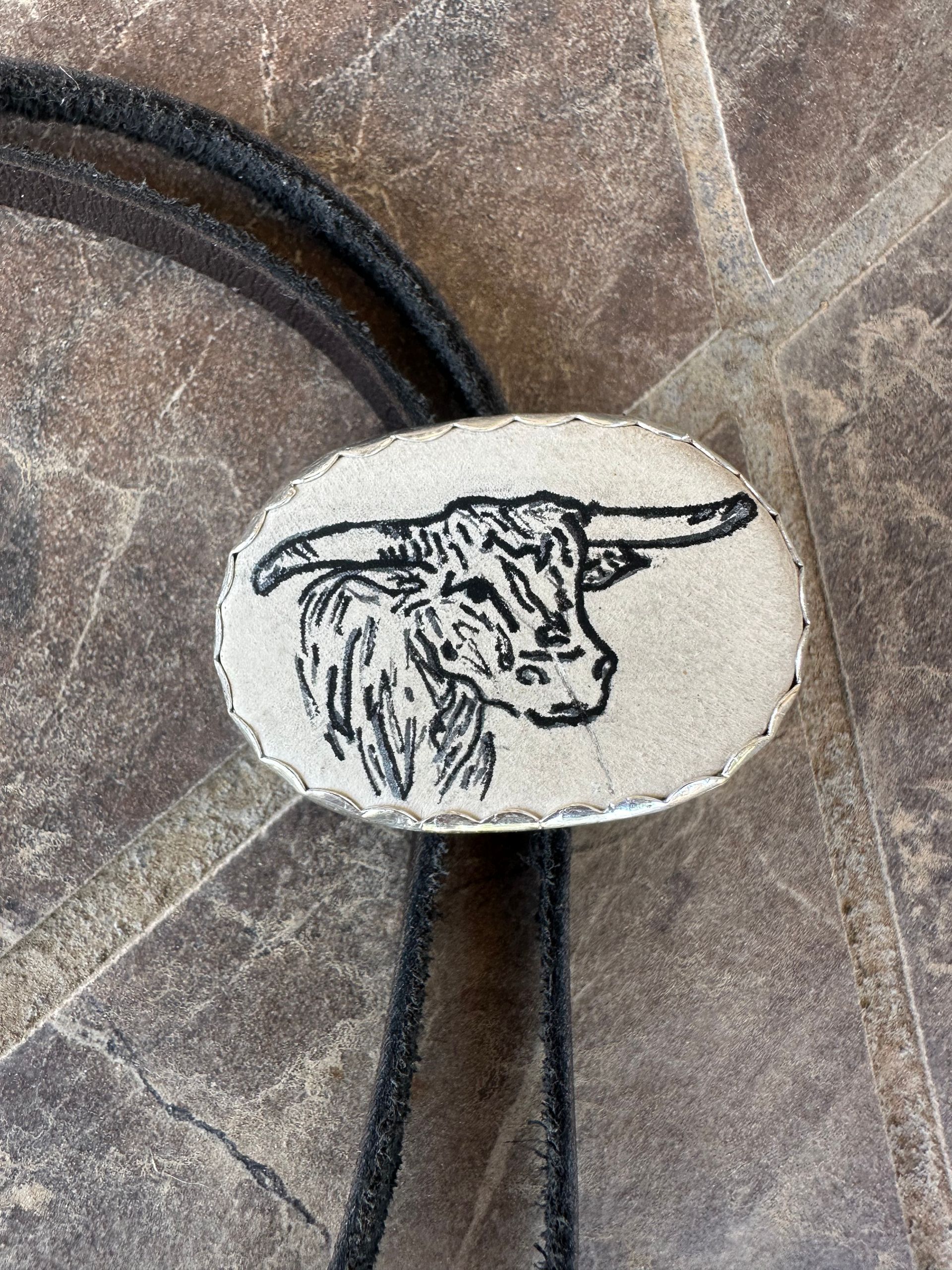 Hand Drawn Bull Head Bolo Tie Sterling Silver and Brass Genuine Leather Tie